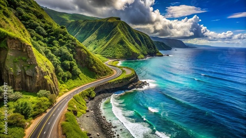 Winding coastal road hugs lush green cliffs and turquoise ocean views on the tropical island of Maui, Hawaii, photo