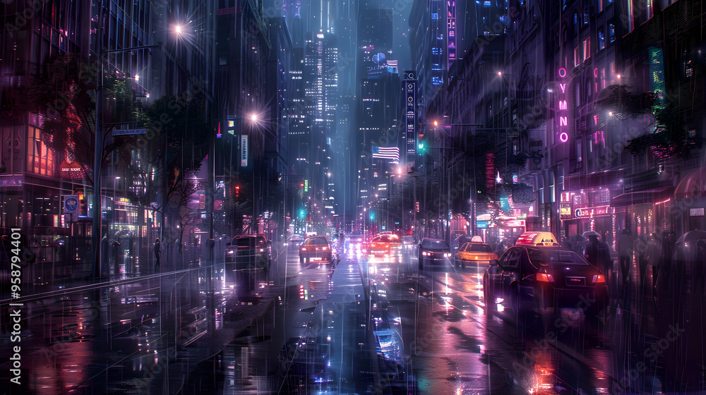 Fototapeta premium night city street under the rain.