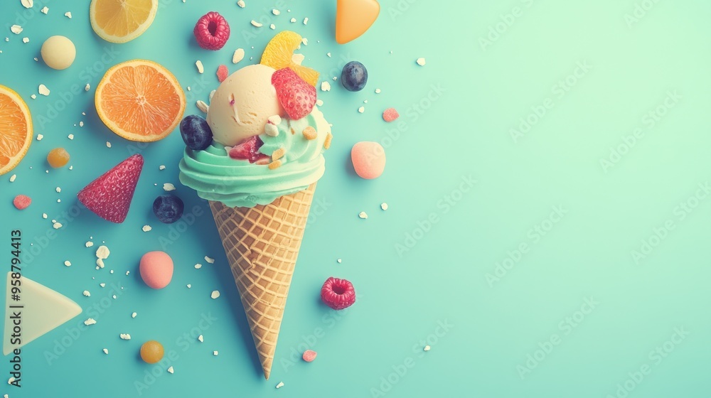 A colorful ice cream cone topped with fruits and candies on a vibrant background. A colorful ice cream cone topped with fruits and candies on a vibrant background.