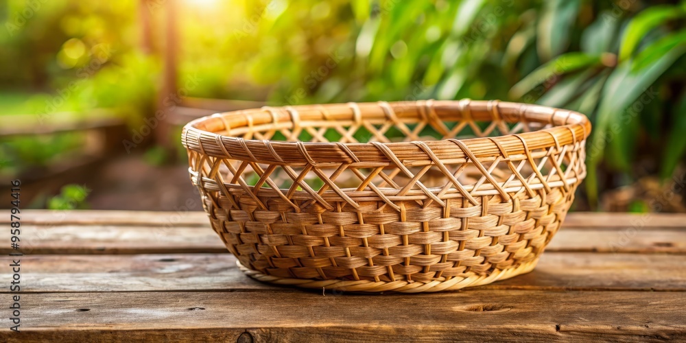 Woven wicker basket with intricate thread pattern and natural tan color sits empty on a rustic wooden table Woven wicker basket with intricate thread pattern and natural tan color sits empty on a rustic wooden table