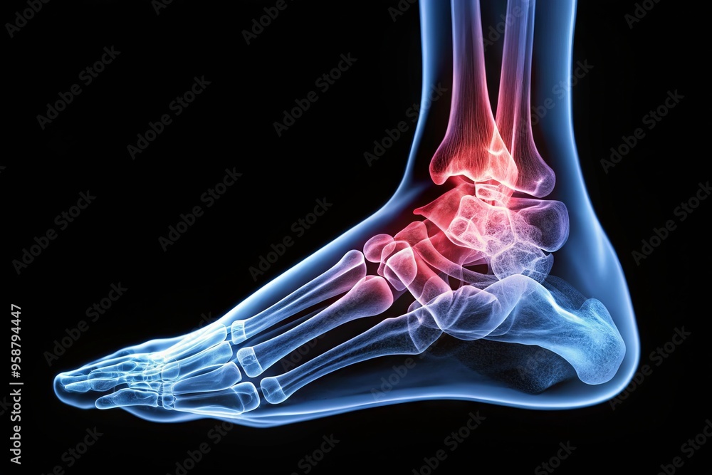 X-ray image of human ankle showing lateral and cuneiform bones, tendons, and ligaments, highlighting the complex X-ray image of human ankle showing lateral and cuneiform bones, tendons, and ligaments, highlighting the complex