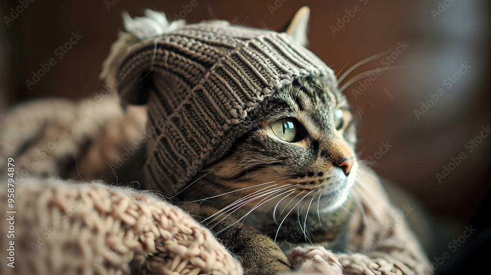 Pensive tabby in a tiny hat, capturing a cozy moment for pet loungewear lines Pensive tabby in a tiny hat, capturing a cozy moment for pet loungewear lines