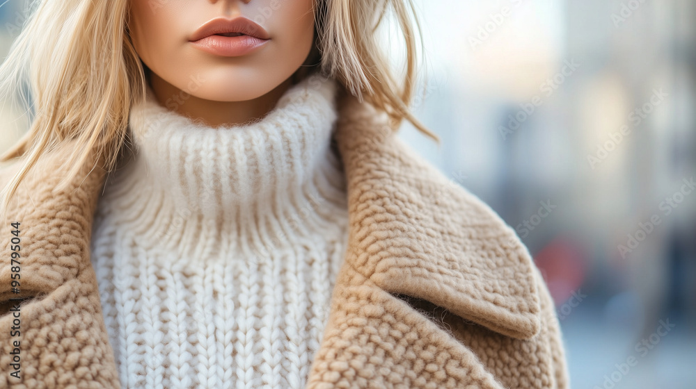 Close-up of a stylish woman in a camel-colored coat and thick knit sweater, blurred background of city streets, soft lighting, cozy fall fashion theme, wide banner layout Close-up of a stylish woman in a camel-colored coat and thick knit sweater, blurred background of city streets, soft lighting, cozy fall fashion theme, wide banner layout