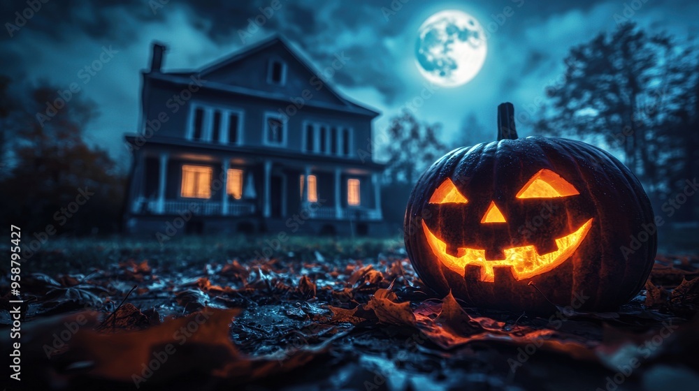 Scary Halloween night with a lone Jack o lantern glowing ominously on a deserted front porch with a haunted house in the background while the wind howls and leaves scatter across the ground as the Scary Halloween night with a lone Jack o lantern glowing ominously on a deserted front porch with a haunted house in the background while the wind howls and leaves scatter across the ground as the