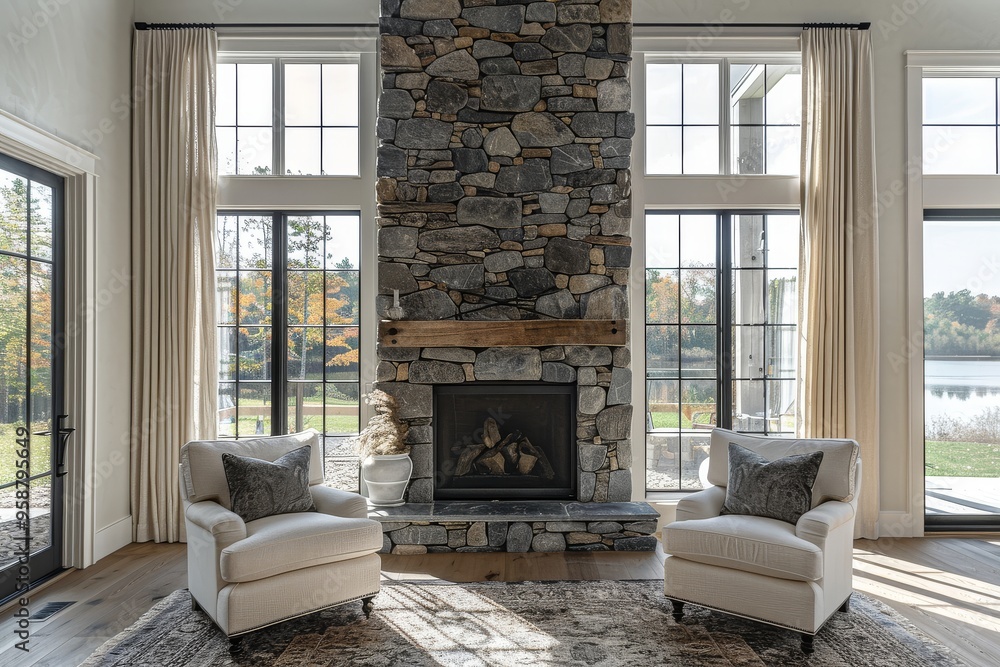 Obraz premium Tall stone fireplace in large New England farmhouse living room, with two white armchairs, natural light, and soft shadows, architectural digest photography.