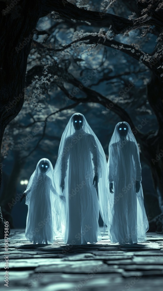 Ghostly Family Portrait Looking Up, Dramatic Lighting in a Spooky Forest with Glowing White Ghosts Ghostly Family Portrait Looking Up, Dramatic Lighting in a Spooky Forest with Glowing White Ghosts
