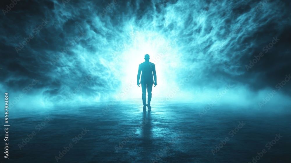 A solitary figure stands before a glowing portal, surrounded by ethereal fog, evoking a sense of mystery and exploration. A solitary figure stands before a glowing portal, surrounded by ethereal fog, evoking a sense of mystery and exploration.