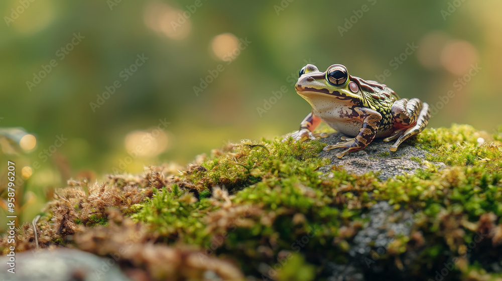 Vibrant Frog Resting on Moss in Serene Forest Setting Vibrant Frog Resting on Moss in Serene Forest Setting