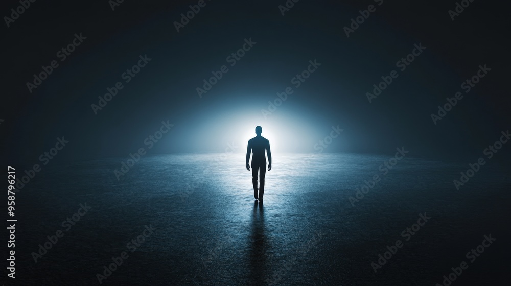 A solitary figure stands in the darkness, illuminated by a bright light, symbolizing hope and introspection in a mysterious environment. A solitary figure stands in the darkness, illuminated by a bright light, symbolizing hope and introspection in a mysterious environment.