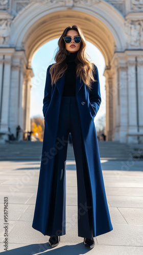 Fashion-forward woman in a bold blue overcoat and flared pants, posing in front of a grand building with arches, autumn city street style, warm tones, vertical layout with room for