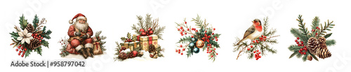 Collection set of vintage victorian style Christmas illustrations and design elements isolated on white background