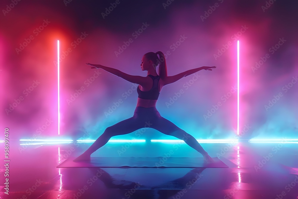A dynamic silhouette of a woman practicing yoga in a neon-lit room with vibrant pink and blue lights creating an energetic atmosphere. Ideal for fitness, wellness, or modern lifestyle themes. A dynamic silhouette of a woman practicing yoga in a neon-lit room with vibrant pink and blue lights creating an energetic atmosphere. Ideal for fitness, wellness, or modern lifestyle themes.