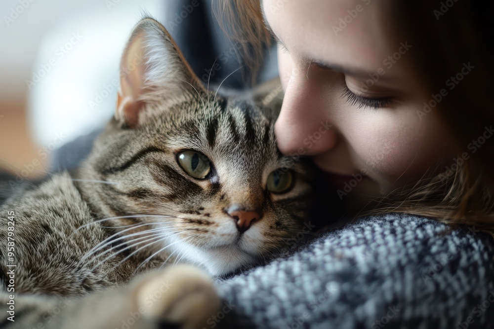 Relaxed black tabby cat resting on owner's lap in a cozy home setting
Relaxed black tabby cat resting on owner's lap in a cozy home setting
