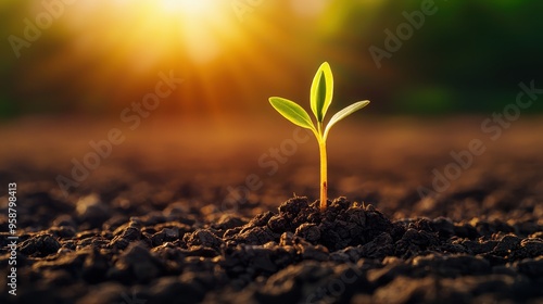 Young green plant sprouting in soil with bright sunlight in the background, symbolizing growth and new beginnings.