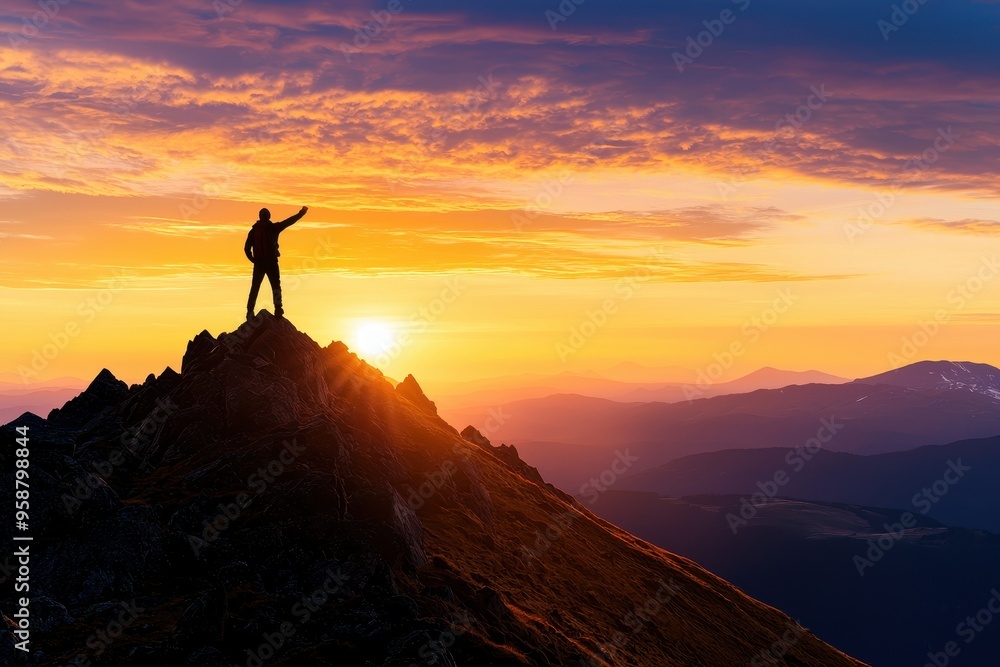 A hiker stands triumphantly on a mountain peak at sunrise, capturing the majestic view with a vibrant, colorful sky in the background. A hiker stands triumphantly on a mountain peak at sunrise, capturing the majestic view with a vibrant, colorful sky in the background.