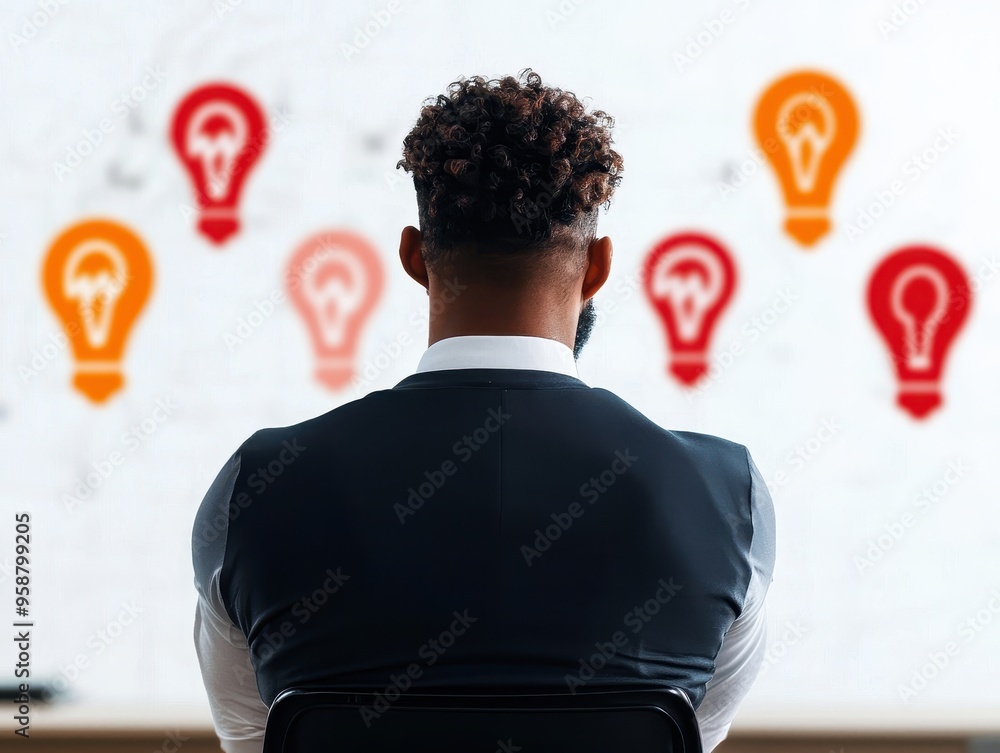 A man in a suit conceptualizes innovative ideas with glowing light bulbs in the background, representing creativity and brainstorming. A man in a suit conceptualizes innovative ideas with glowing light bulbs in the background, representing creativity and brainstorming.