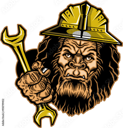roughneck bigfoot mascot holding wrench and wearing hard hat 