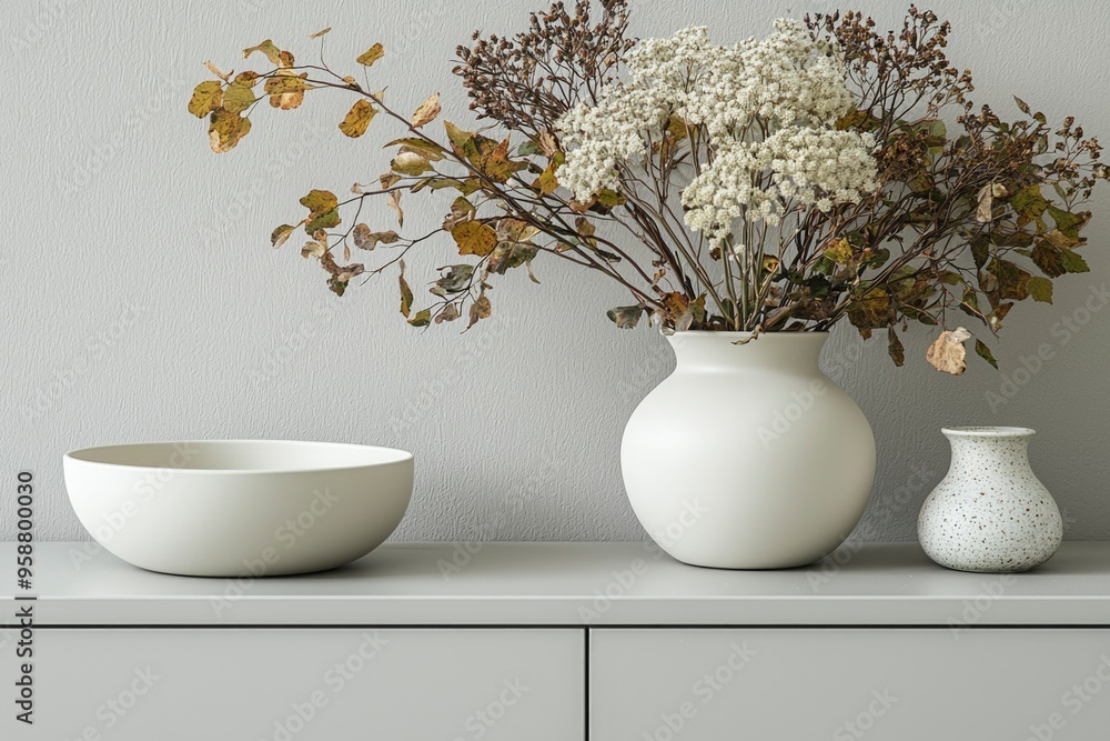 White Vases with Dried Flower Arrangement on a Grey Cabinet White Vases with Dried Flower Arrangement on a Grey Cabinet