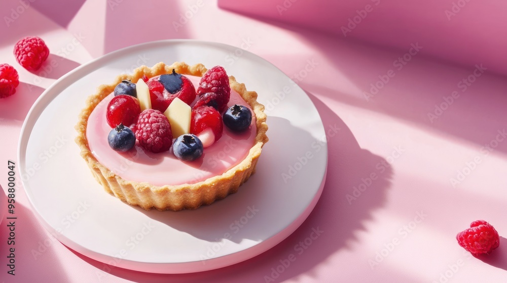 A single pink fruit tart with fresh raspberries, blueberries and a slice of mango on a white plate, on a pink background. A single pink fruit tart with fresh raspberries, blueberries and a slice of mango on a white plate, on a pink background.