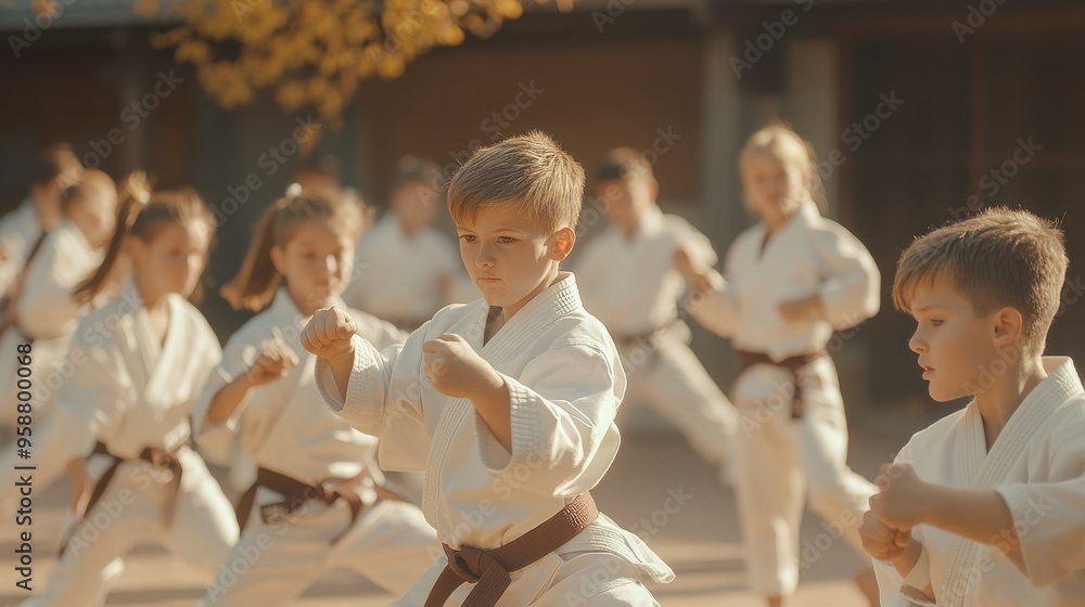 Children practicing martial arts in a sunny outdoor dojo
Children practicing martial arts in a sunny outdoor dojo