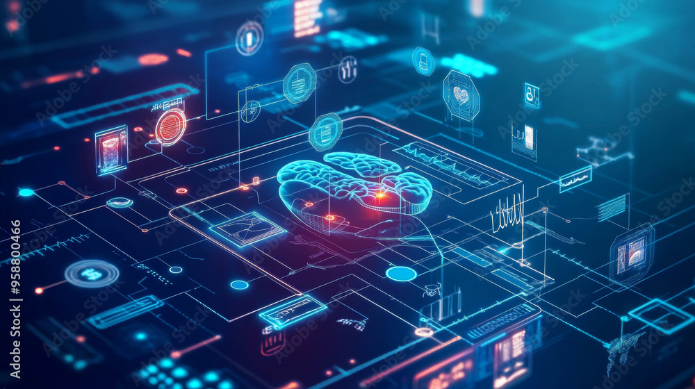 Modern healthcare is using digital technology to improve treatment and medical research. This image shows a futuristic concept with blue background and icons, representing the innovative technology. Modern healthcare is using digital technology to improve treatment and medical research. This image shows a futuristic concept with blue background and icons, representing the innovative technology.