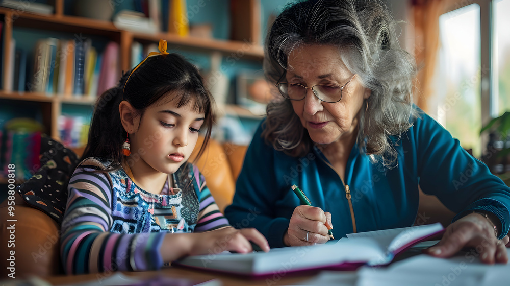 Small girl with senior grandmother doing homework at home. Small girl with senior grandmother doing homework at home.