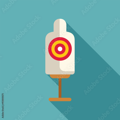 Shooting target standing on wooden tripod with concentric circles showing accuracy on turquoise background