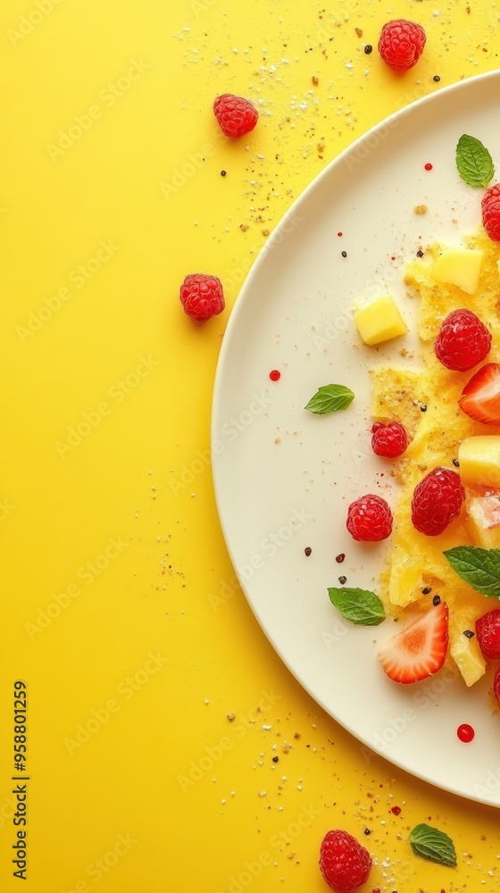 A plate of pineapple and raspberries with mint leaves, salt, and peppercorns, on a yellow background.