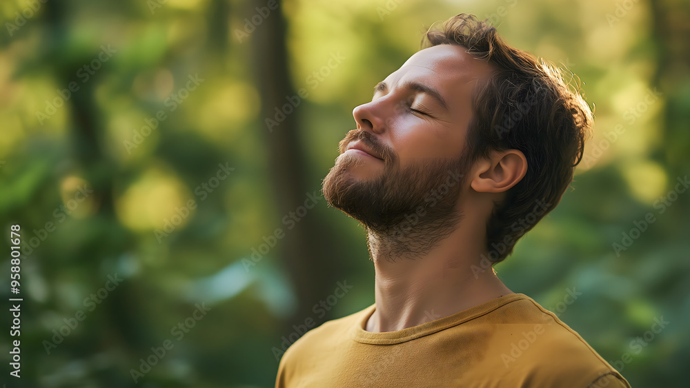 Portrait of a young man taking deep breath fresh air with copy space. Relaxation and well-being concept Portrait of a young man taking deep breath fresh air with copy space. Relaxation and well-being concept