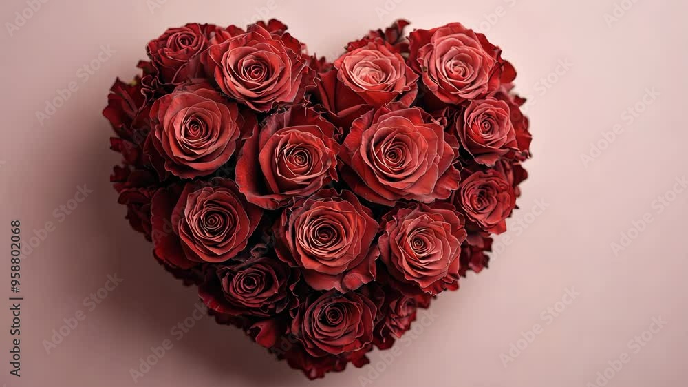 Heart-shaped rose arrangement gradually rotating on pink background Heart-shaped rose arrangement gradually rotating on pink background