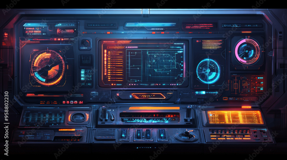 A modern, futuristic screen design for a video game. It features cool buttons, menus, and displays, giving it a science fiction look. A modern, futuristic screen design for a video game. It features cool buttons, menus, and displays, giving it a science fiction look.