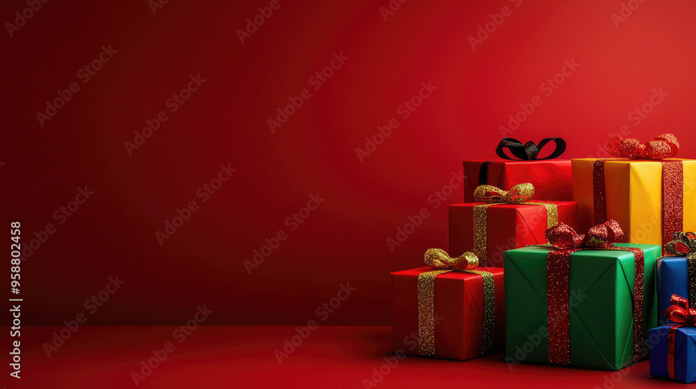 Christmas banner with presents on red background. 2025 new year. Greeting card design Christmas banner with presents on red background. 2025 new year. Greeting card design