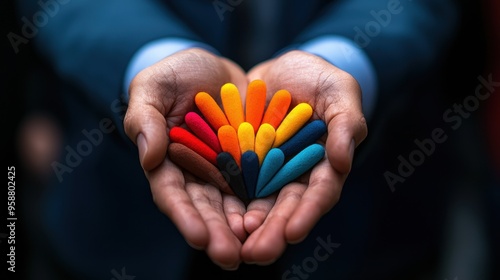 Close-up of hands holding colorful dyed wool fibers in a fan shape against a dark background, showcasing creativity and craftsmanship.