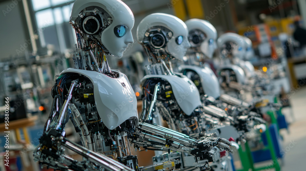Robots powered by AI are working in factories. These robots, which look like humans, control robotic arms to build things. This is part of Industry 4.0, where AI is changing manufacturing. Robots powered by AI are working in factories. These robots, which look like humans, control robotic arms to build things. This is part of Industry 4.0, where AI is changing manufacturing.
