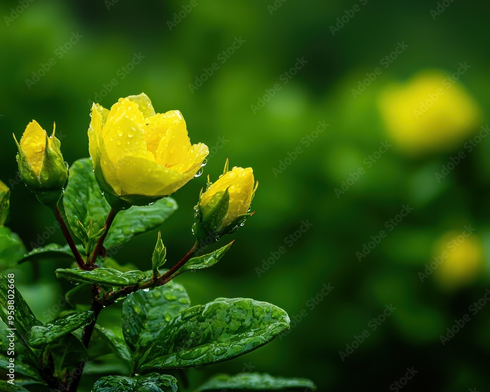 Close-up of vibrant yellow flowers with dewdrops on leaves in a lush green garden, capturing nature's refreshing beauty. Close-up of vibrant yellow flowers with dewdrops on leaves in a lush green garden, capturing nature's refreshing beauty.