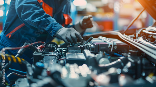 Technician Hands of car mechanic working repair in auto repair Service electric battery and Maintenance of car battery. Check the electrical system inside the car photo