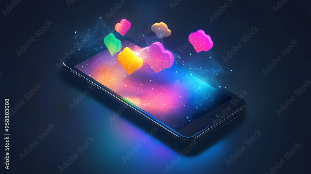 A phone with colorful shapes floating over its screen. This represents how artificial intelligence (AI) processes information on your phone, like using the cloud or a neural network. A phone with colorful shapes floating over its screen. This represents how artificial intelligence (AI) processes information on your phone, like using the cloud or a neural network.