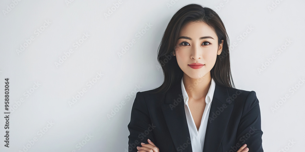 Asian businesswoman in professional attire, looking confident while standing against a white wall. Asian businesswoman in professional attire, looking confident while standing against a white wall.