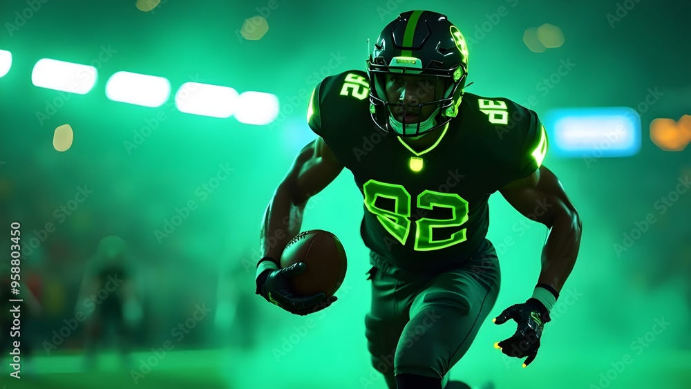 A fantasy football player with a soccer ball appears from a green smoke competition on playground performance A fantasy football player with a soccer ball appears from a green smoke competition on playground performance
