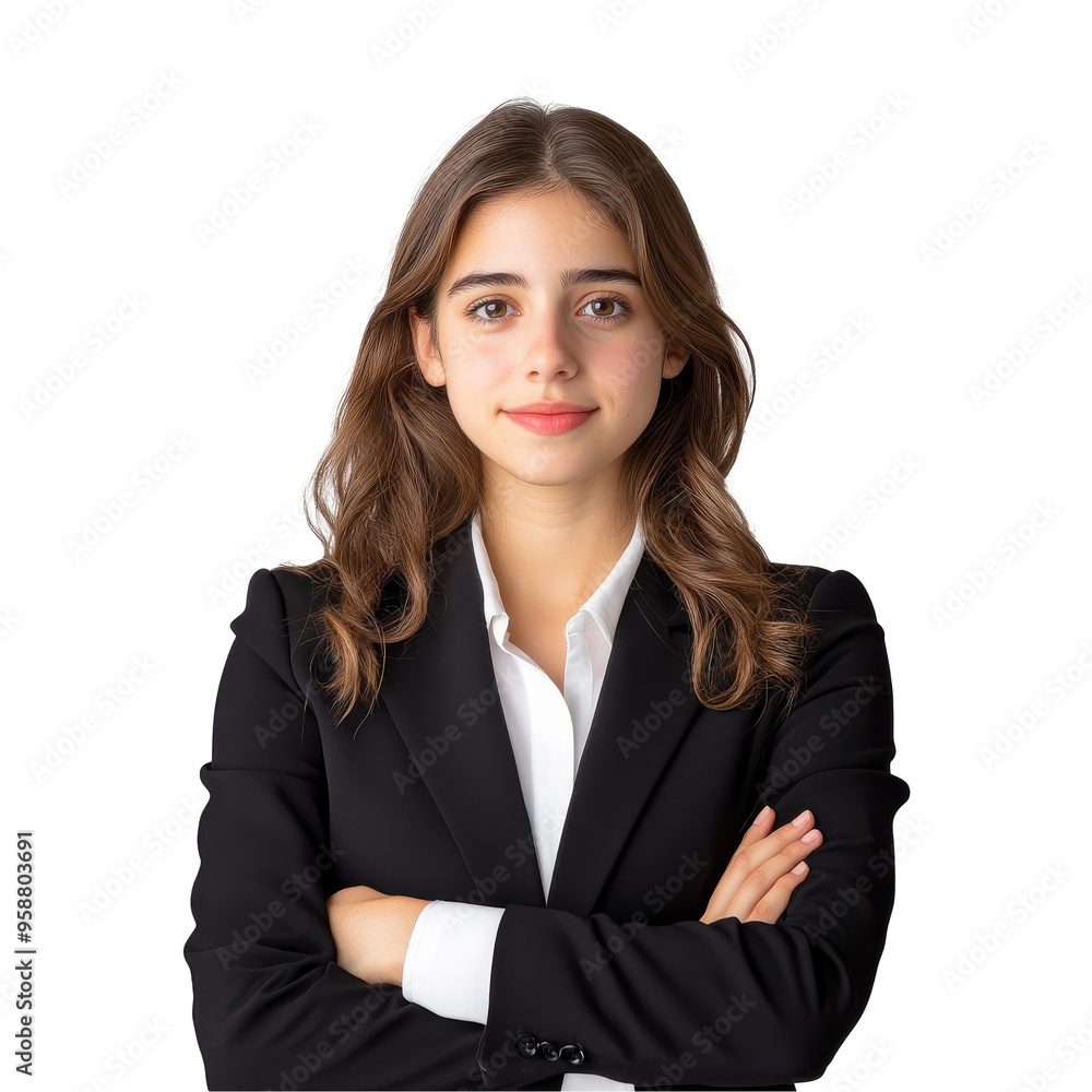 A woman in a black suit and white shirt is smiling for the camera on a transparent background. A woman in a black suit and white shirt is smiling for the camera on a transparent background.