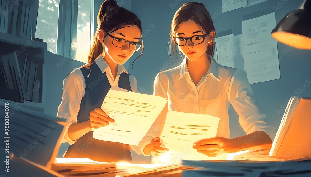 Two Young Women Reviewing Documents in a Well-Lit Office Two Young Women Reviewing Documents in a Well-Lit Office