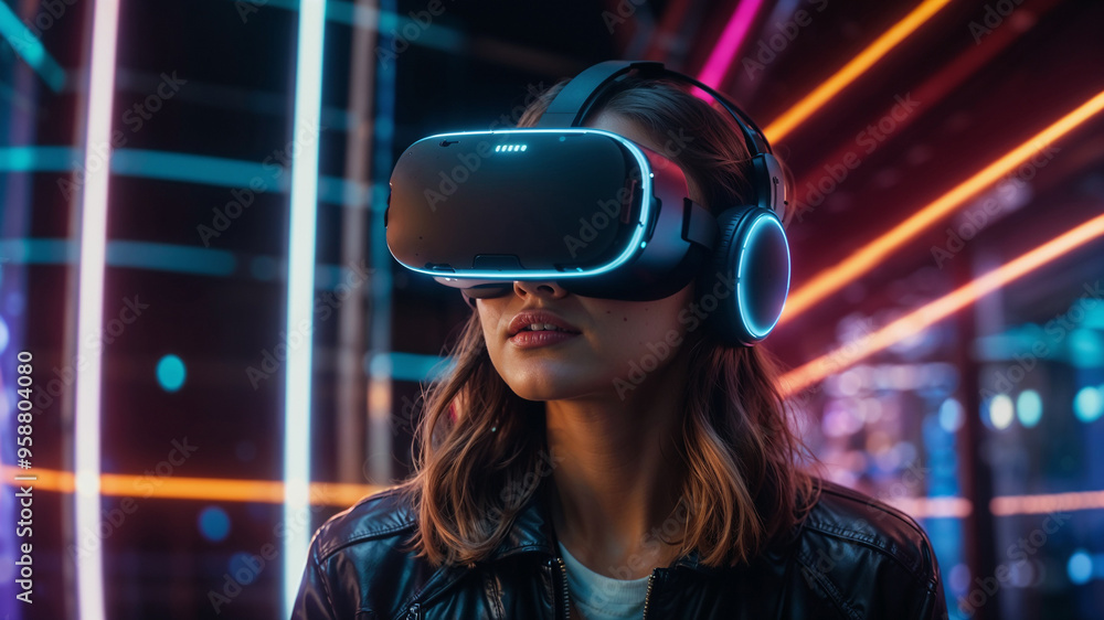 Immersive experience of a woman using advanced VR technology, showcasing the future of virtual reality with futuristic lighting and modern design. Immersive experience of a woman using advanced VR technology, showcasing the future of virtual reality with futuristic lighting and modern design.