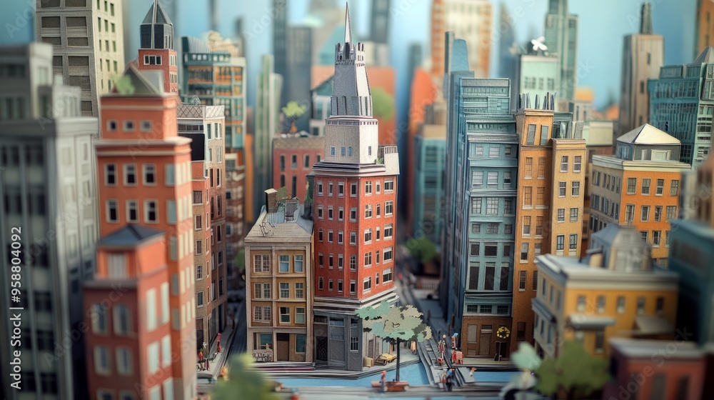 Fototapeta premium Paper City: A Detailed Street Scene in Paper Cutout Art - AR Experience