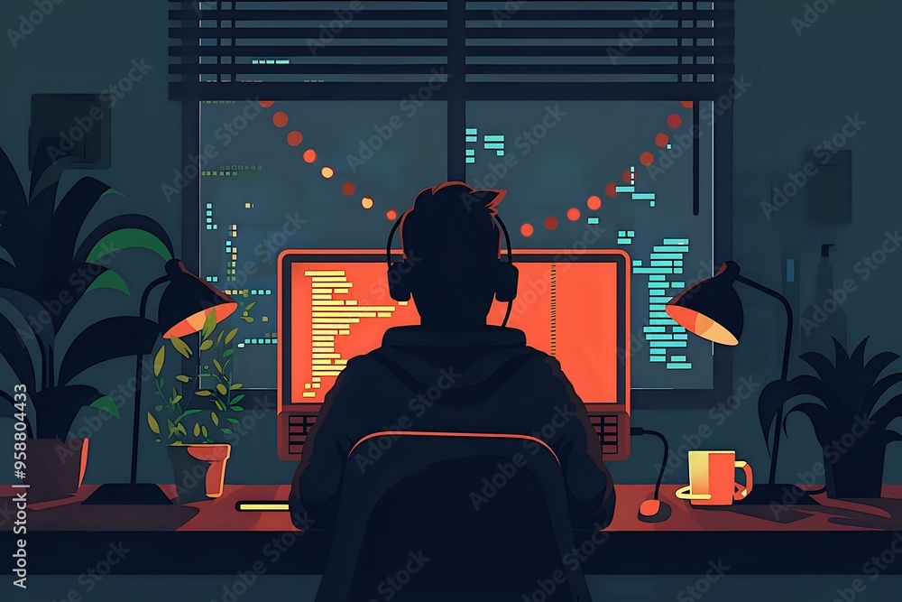 stylized illustration of a programmer working late at night, facing ...