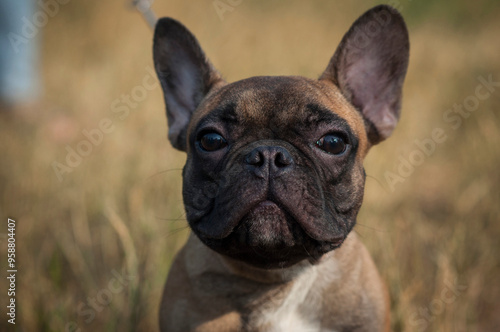 cute French bulldog puppy on a walk