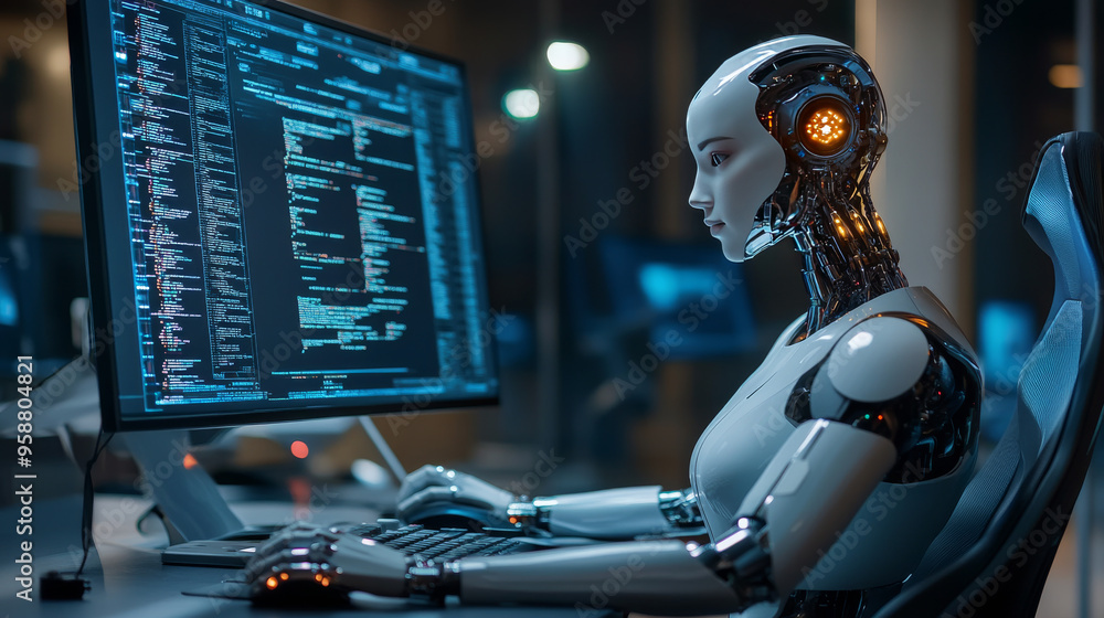 A robot woman, powered by artificial intelligence, sits at a desk working on a computer. She's using a powerful computer with a complex display to help develop software. A robot woman, powered by artificial intelligence, sits at a desk working on a computer. She's using a powerful computer with a complex display to help develop software.