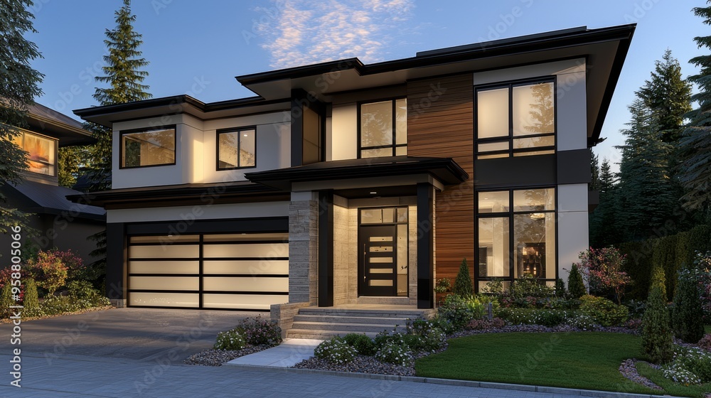 Featuring a bold and sophisticated facade with a warm color palette, this stunning stock photo showcases a gorgeously crafted modern house design. Featuring a bold and sophisticated facade with a warm color palette, this stunning stock photo showcases a gorgeously crafted modern house design.
