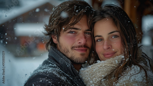 a man and woman couple both thirty years old tall with brown hair pose under a shed in the village in winter with a lot of snow