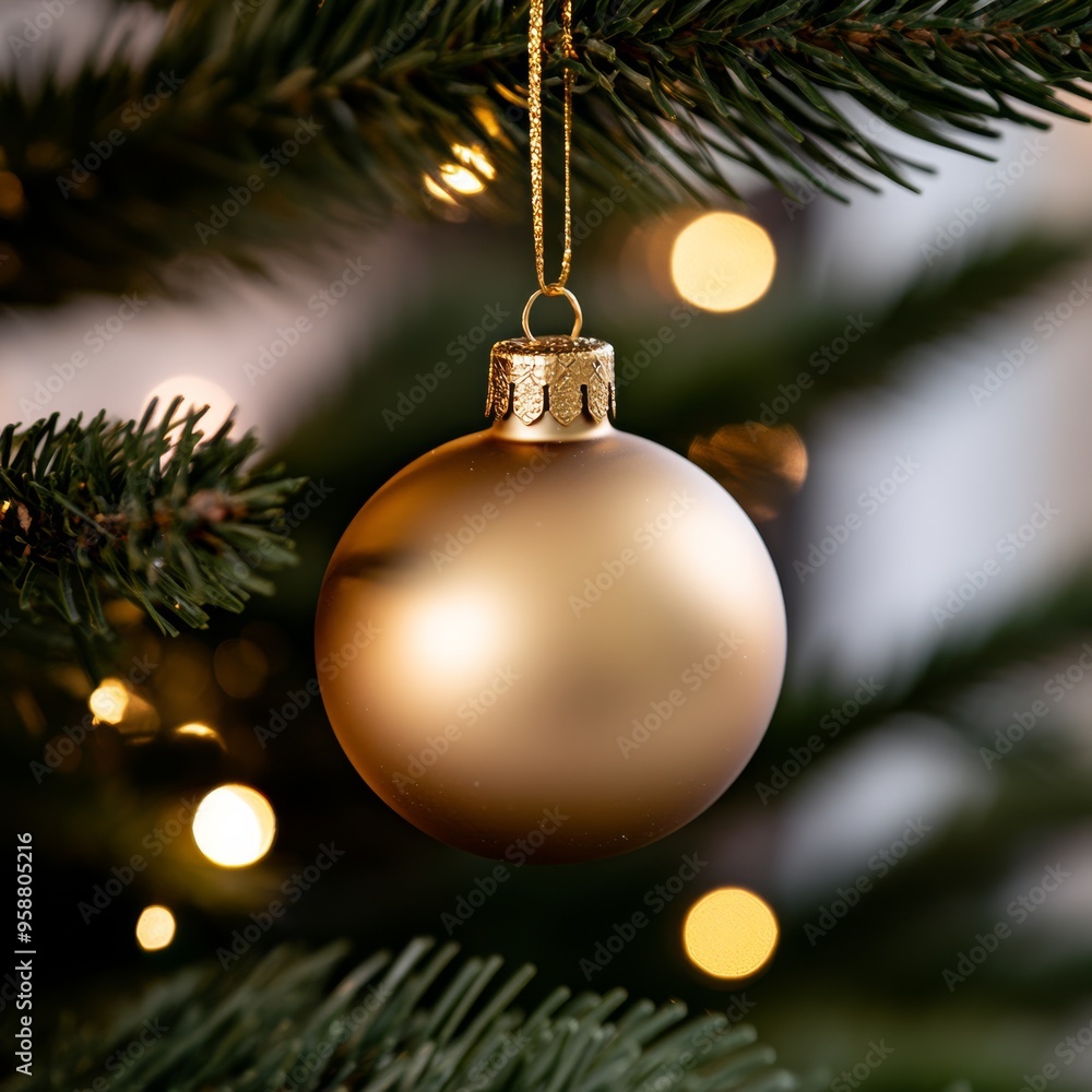 Golden Christmas ornaments hanging from a green fir tree shiny and elegant soft lights reflecting off the decorations red and gold palette festive and joyful atmosphere