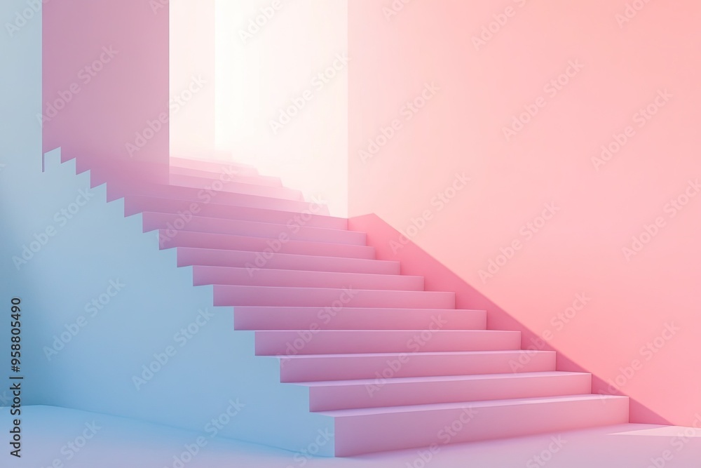 A modern staircase with a gradient of soft pink and blue colors, creating an inviting and serene atmosphere. A modern staircase with a gradient of soft pink and blue colors, creating an inviting and serene atmosphere.